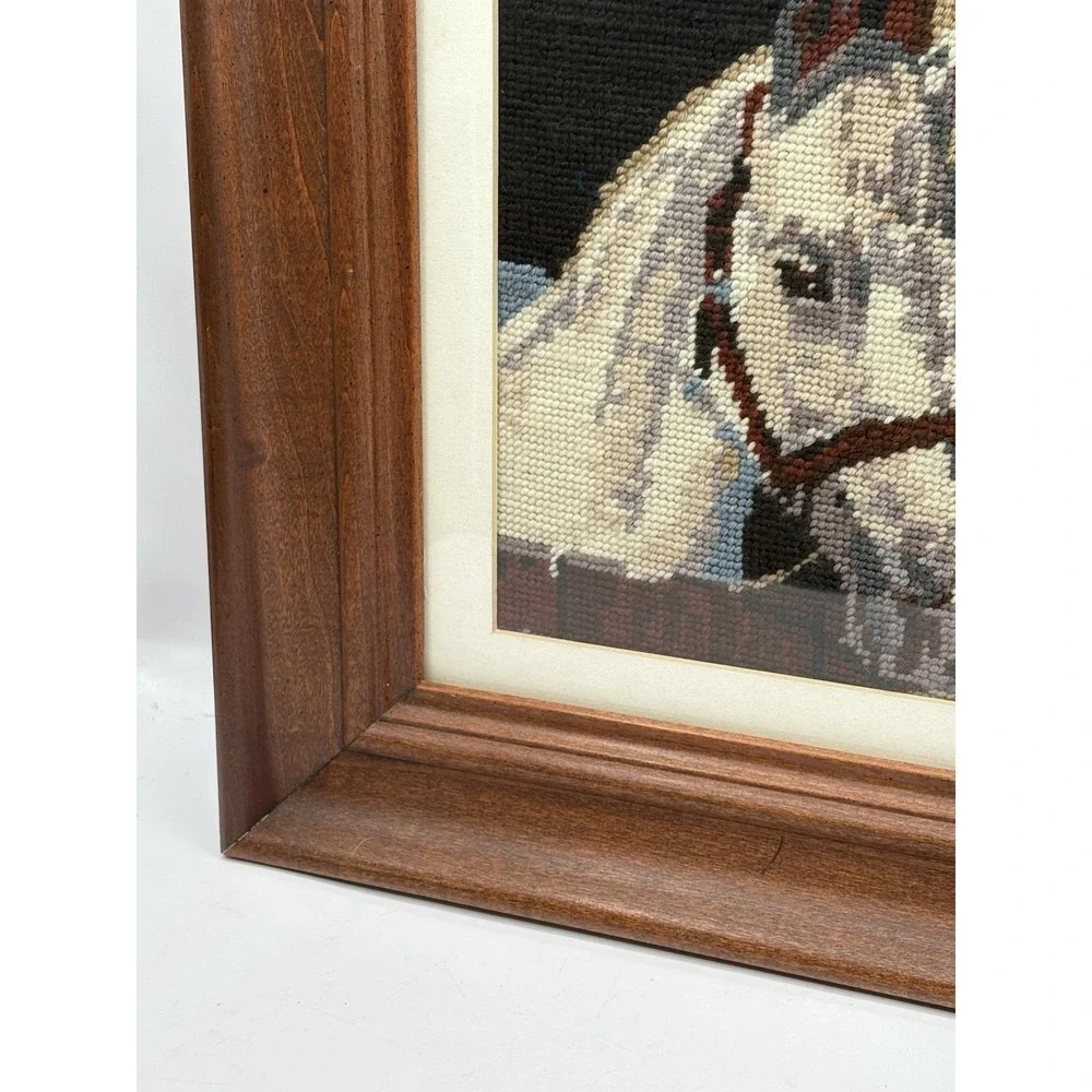 Vtg Framed And Completed Needlepoint White Horse Head Wall Art Western 14